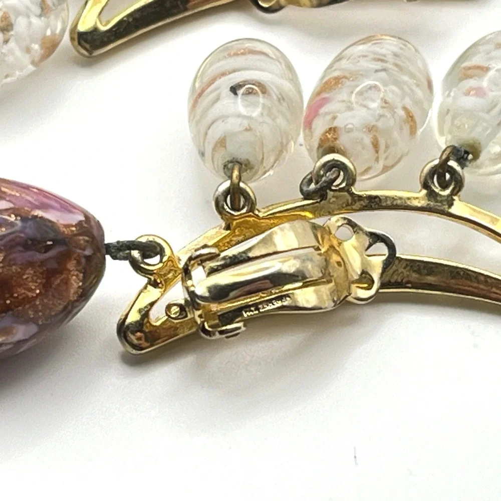 Schiaparelli Vintage Art Glass Clip On Earrings Gold Tone Pink Purple Speckled